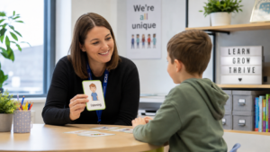 BCBA therapist UK providing ABA therapy to a child in a supportive and structured learning environment