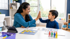 Positive reinforcement ABA therapy session showing a therapist helping an autistic child develop communication and real-life skills in a supportive UK therapy environment