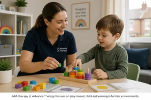 A BCBA therapist delivering ABA therapy to a young autistic child in a home setting in the UK