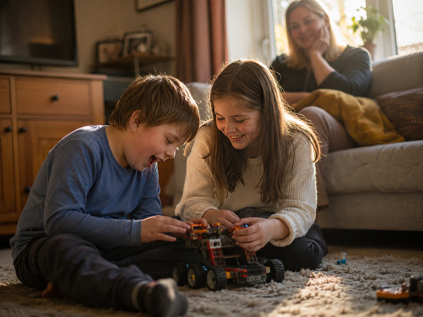 Sibling and autistic child playing together after ABA therapy progress