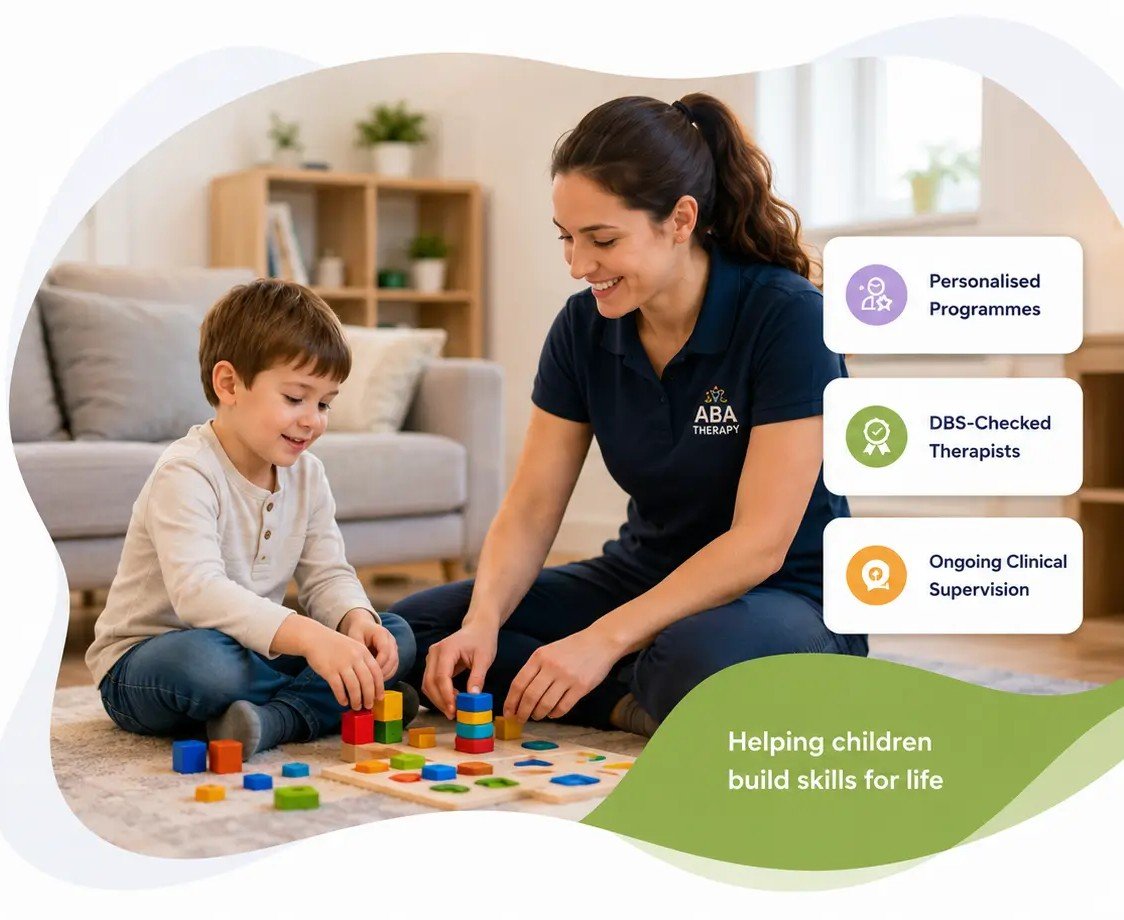 Home 1 ABA therapist playing with a child at home, with programme highlights