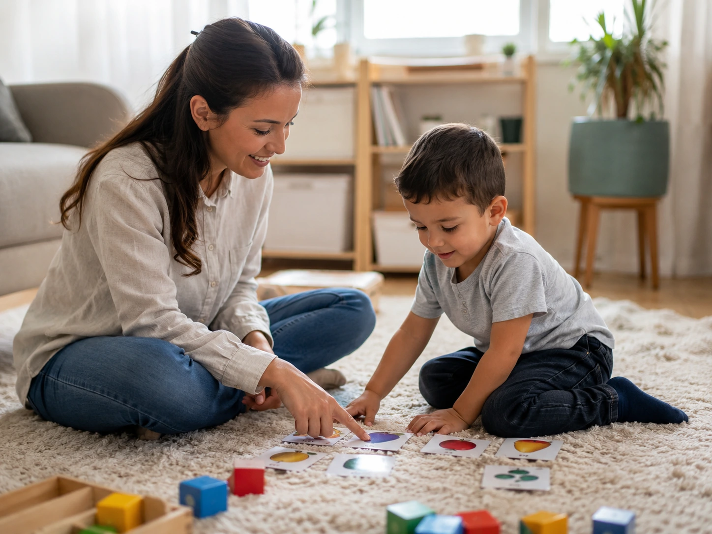ABA home therapist working one-to-one with an autistic child during in-home ABA therapy in the UK