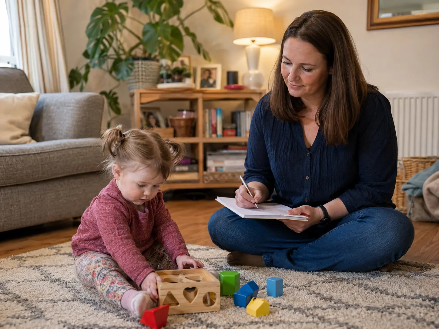 Behaviour analyst assessing a toddler's skills during an early intervention home visit
