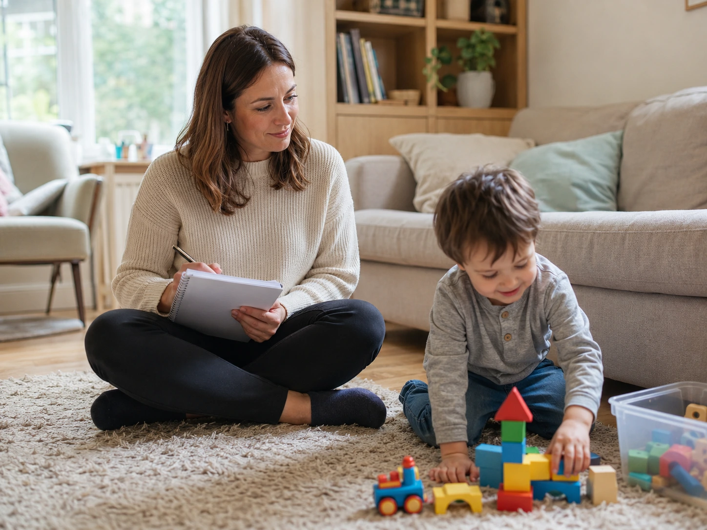 Behaviour analyst conducting a home-based ABA assessment with a young child