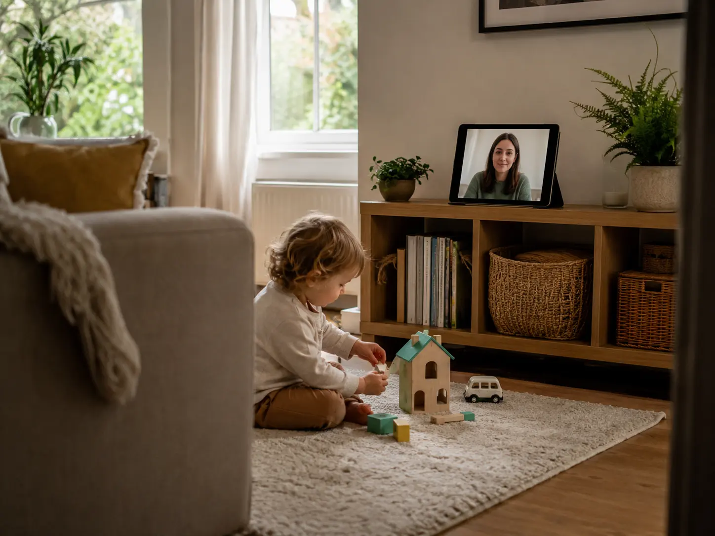 Tablet set up for a live virtual ABA therapy session with a behaviour analyst