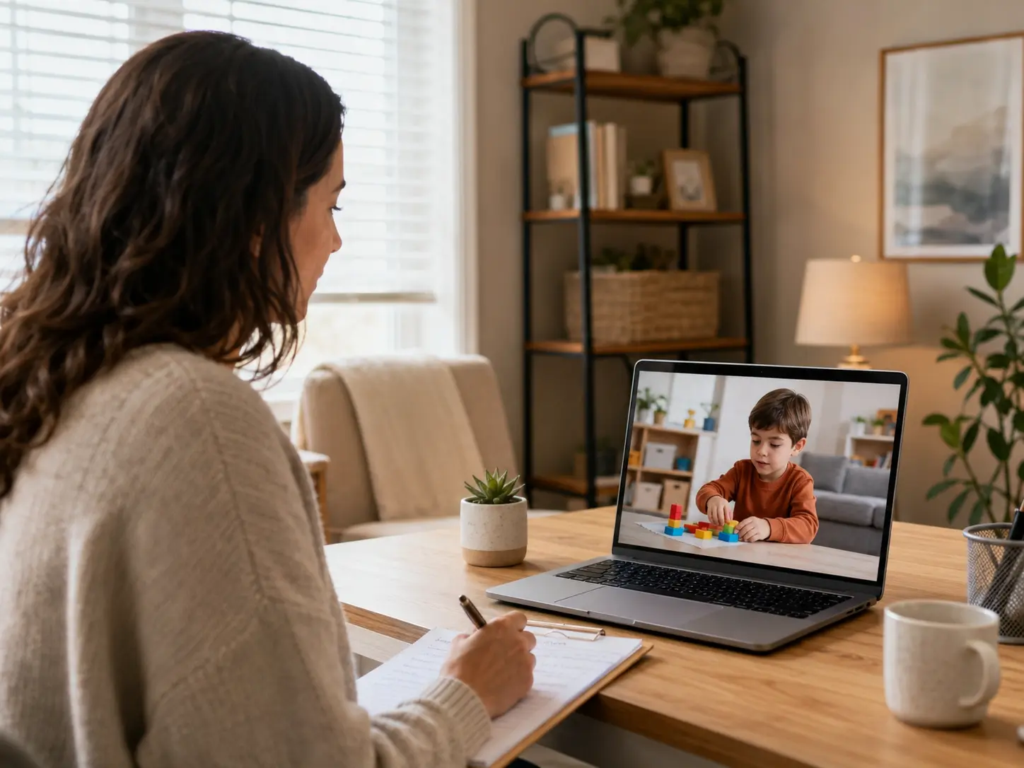 Behaviour analyst conducting a remote autism assessment via video call