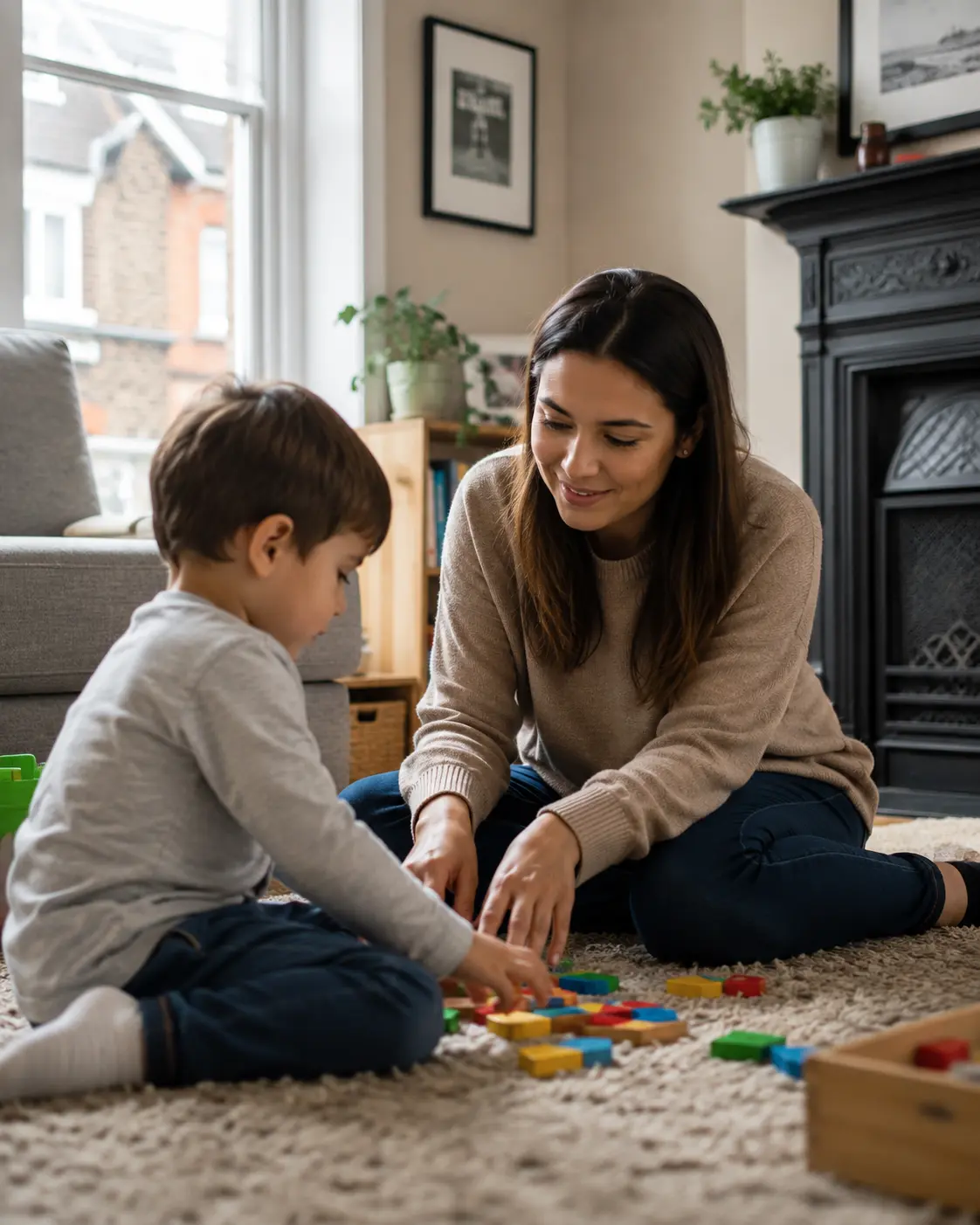 ABA therapist working with a child in a home in London
