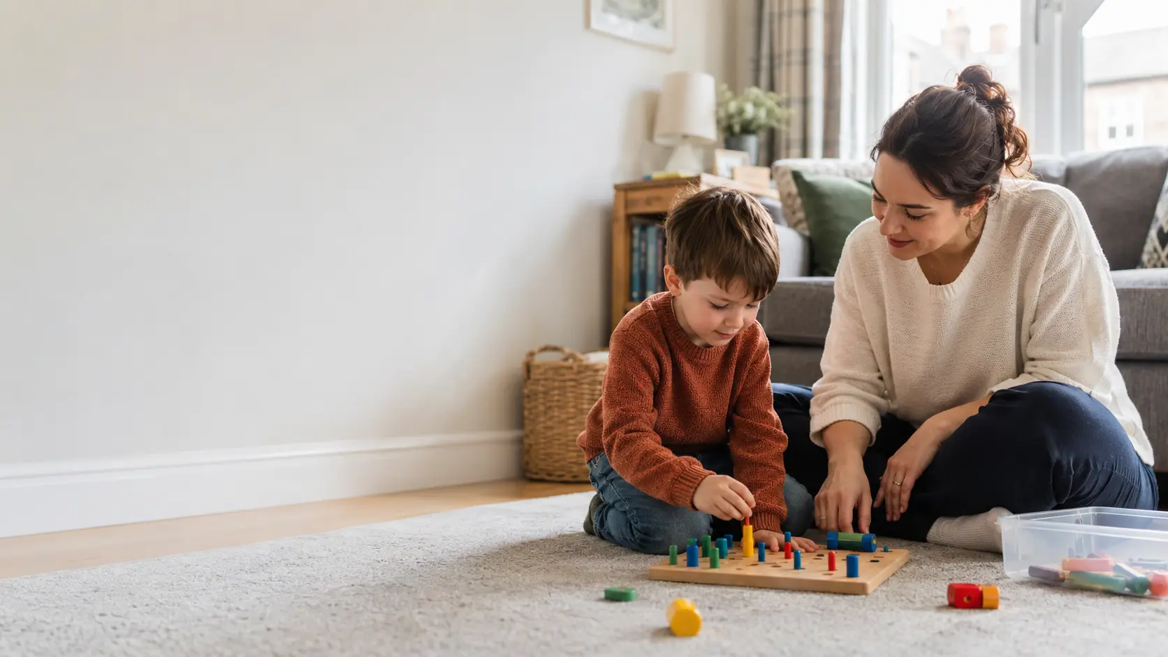 ABA home therapist supporting an autistic child during a home session in Peterborough
