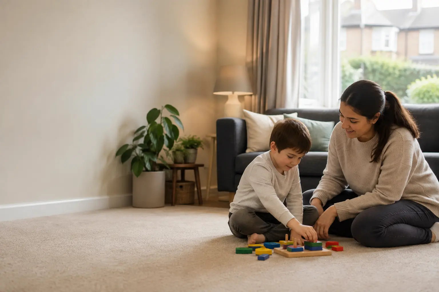 ABA home therapist supporting an autistic child during a home session in Swindon