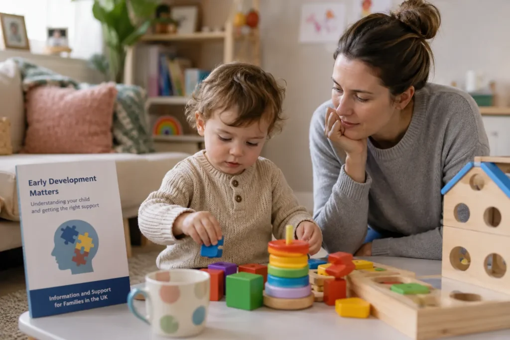 Parent observing early signs of autism in a toddler during play at home in the UK