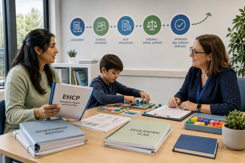Parent and child meeting with a SEN professional to discuss EHCP funding for ABA therapy while the child participates in a structured learning activity.