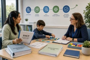 Parent and child meeting with a SEN professional to discuss EHCP funding for ABA therapy while the child participates in a structured learning activity.