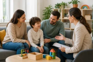 UK parent discussing autism support and ABA therapy with a therapist