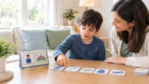 Autism routines examples shown with a child using a simple visual timetable and Now and Next board at home.