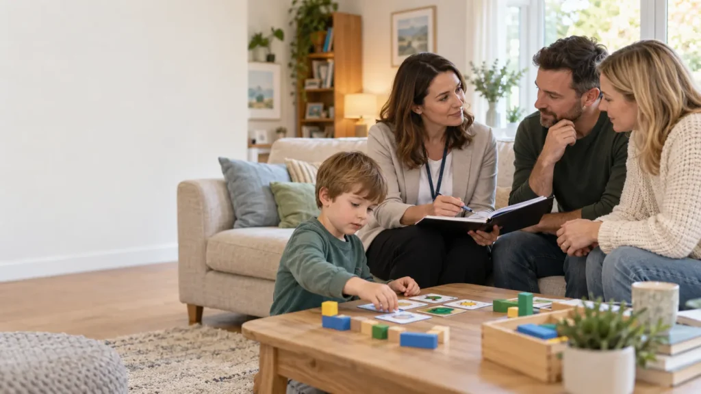 ABA consultant discussing a personalised autism support plan with parents at home